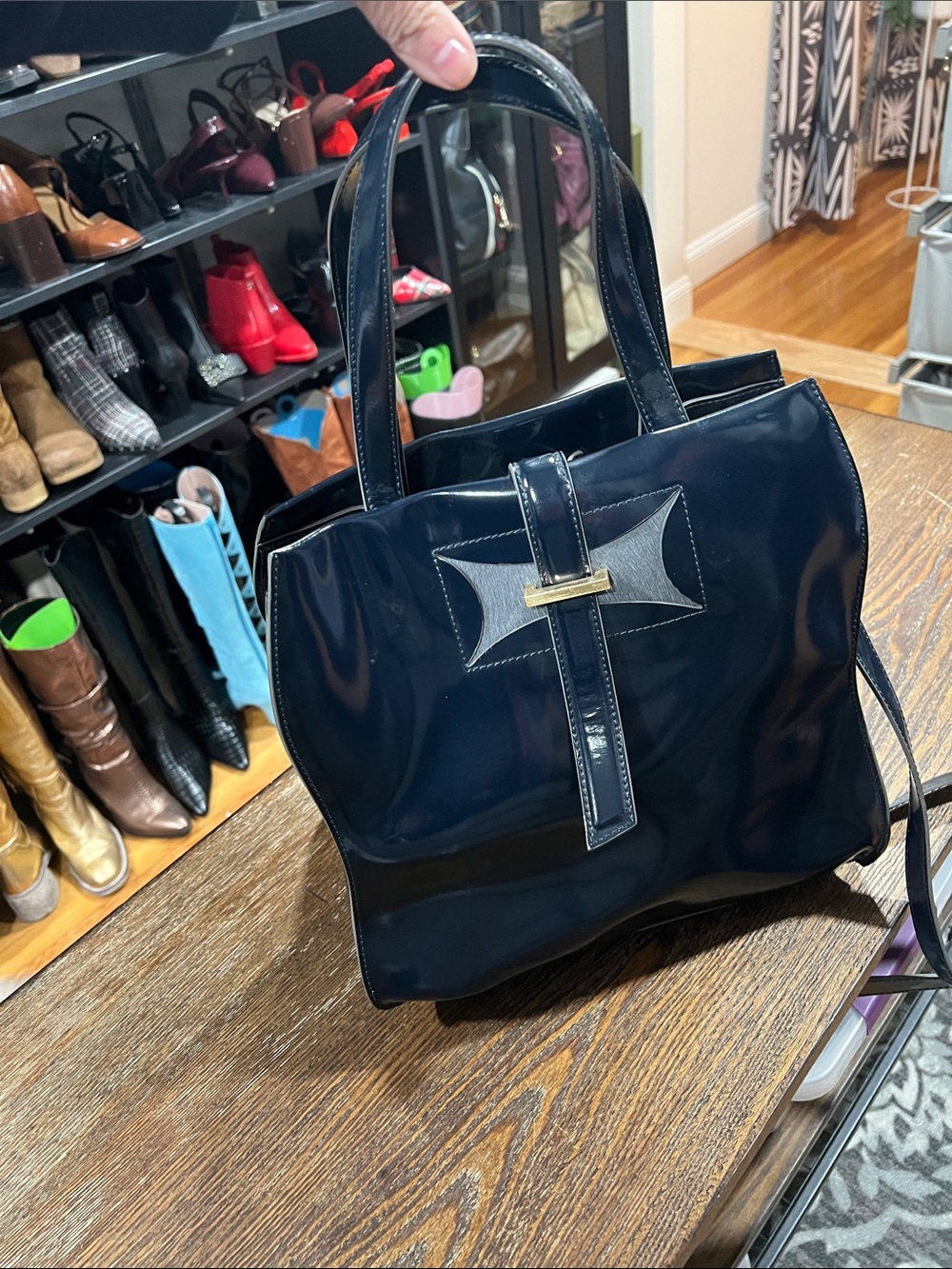 Navy Patent Tote Bag with Top Strap